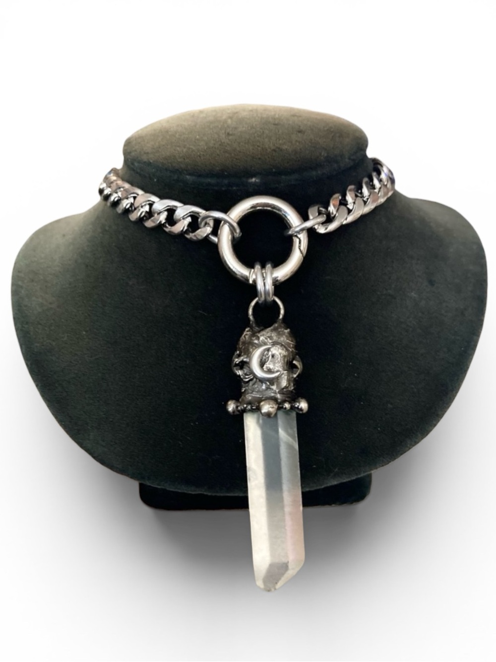 Genuine clear crystal quartz with a moon on cuban chain choker silver necklace